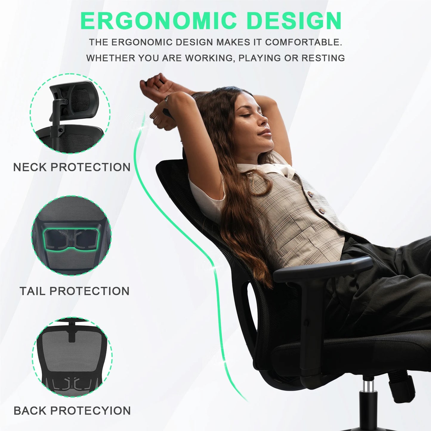 Chaise Ergonomique SEATERGO Dossier en S & Appui-tête Réglable