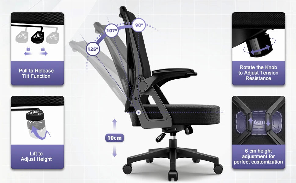 Chaise Ergonomique SEATERGO™ – Accoudoirs Relevables & Gain de Place